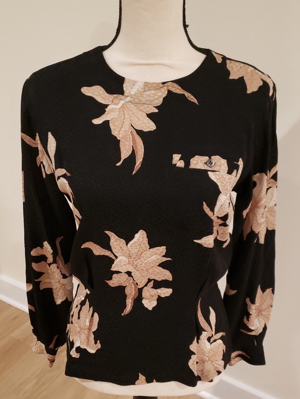 Silk Liz Claiborne Vintage Black Long-Sleeve Floral Blouse with Taupe Fall Bloom